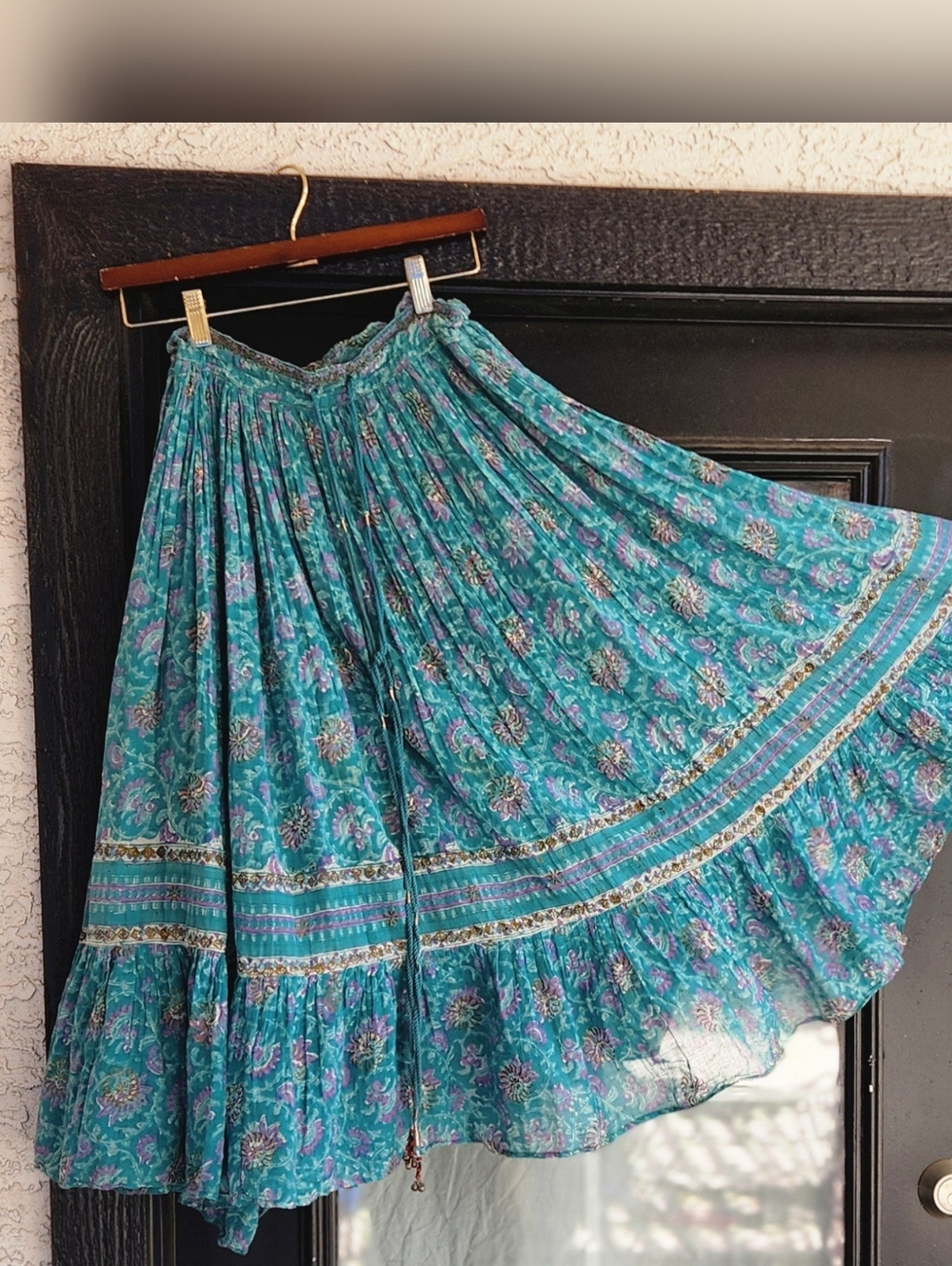 Vintage Guze Boho Teal Floral Maxi Skirt with Drawstring Waist - Picture 6 of 7